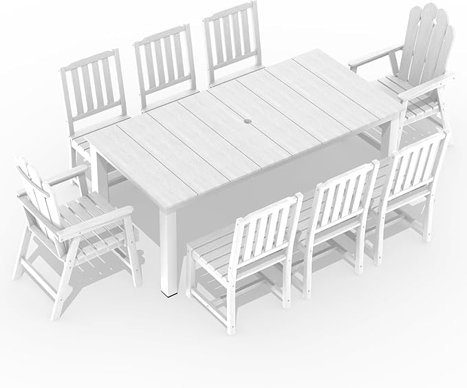 9-Piece Patio Dining Set, Outdoor Dining Set for 8, HDPE All-Weather Outdoor Furniture with 75.20” Umbrella Hole Table, 2 Armchairs & 6 Armless Chairs, White