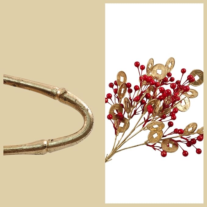 KYMY Chinese & Vietnamese Lunar New Year Artificial Berry Branch – 2026 Red Holly Berries Stems with Gold Fortune Coins, 23.6 Inch Spring Festival Floral Picks for Vase Table Home Decor