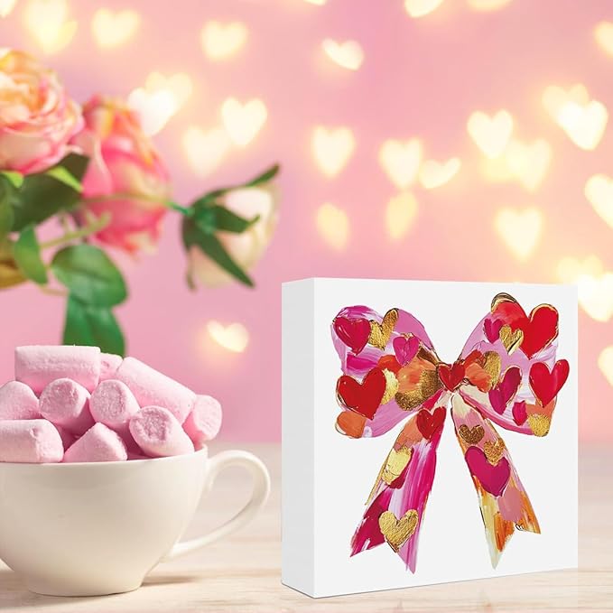 Valentines Day Decorations, Valentines Day Gifts for Her Him, Gift for Boyfriend Girlfriend, Romantic Pink Heart Bow Brushstroke Anniversary Wooden Box Sign Husband Wife Home Office Desk Decor