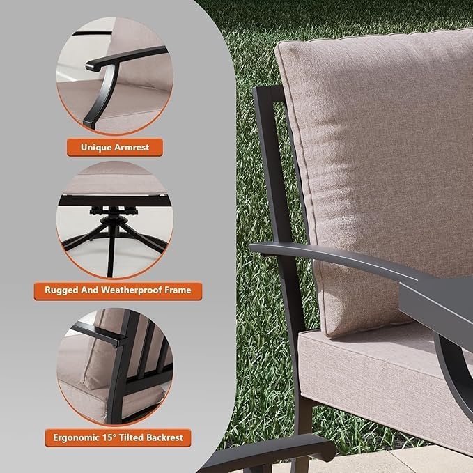 7-Piece Patio Furniture Set, Outdoor Furniture with All-Iron Rectangular Coffee Table and 6 Chairs with Thick Cushions, Metal Patio Table and Chairs Set for lawns, Patios and Backyards,Sand