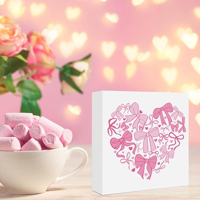 Valentines Day Decorations, Valentines Day Gifts for Her Him, Gift for Boyfriend Girlfriend, Romantic Pink Bow Heart Anniversary Wooden Box Sign Husband Wife Home Office Bedroom Desk Decor