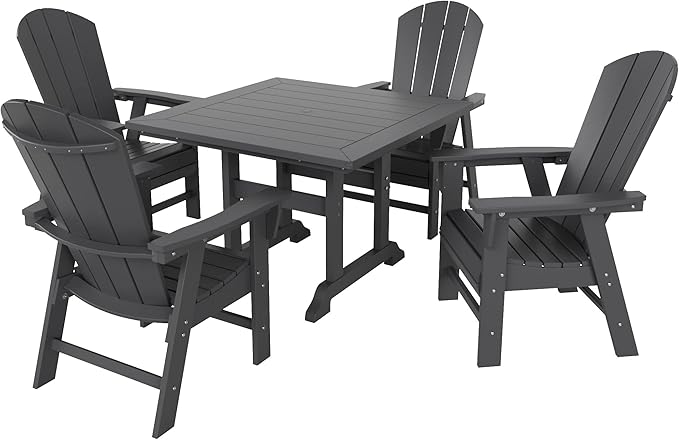 WestinTrends Malibu 5 Piece Adirondack Outdoor Dining Set, All Weather Poly Lumber Patio Table and Chairs Furniture Set, 43" Trestle Square Dining Table and 4 Adirondack Dining Chair, Gray