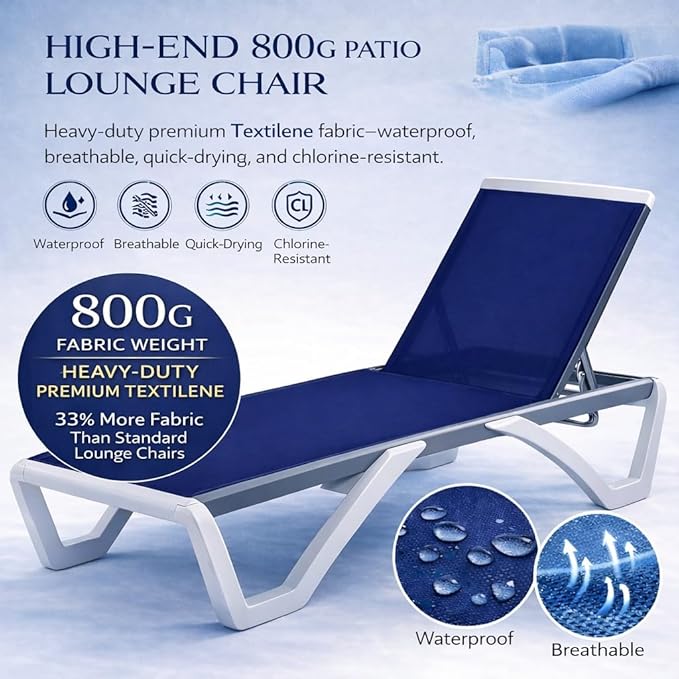 Kozyard Outdoor Chaise Lounge Chair, Full Flat Adjustable Patio Lounger with Aluminum Frame & Resin Legs, Textilene Fabric for Poolside, Backyard & Beach (NavyBlue)