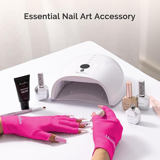 MelodySusie Premium UV Protection Gloves for Manicures, Cool Feeling Fabric,Professional UPF50+, UV Nail Gloves for Gel Nail Lamp, Anti UV Light, Skin Care Fingerless Design, Neon Pink