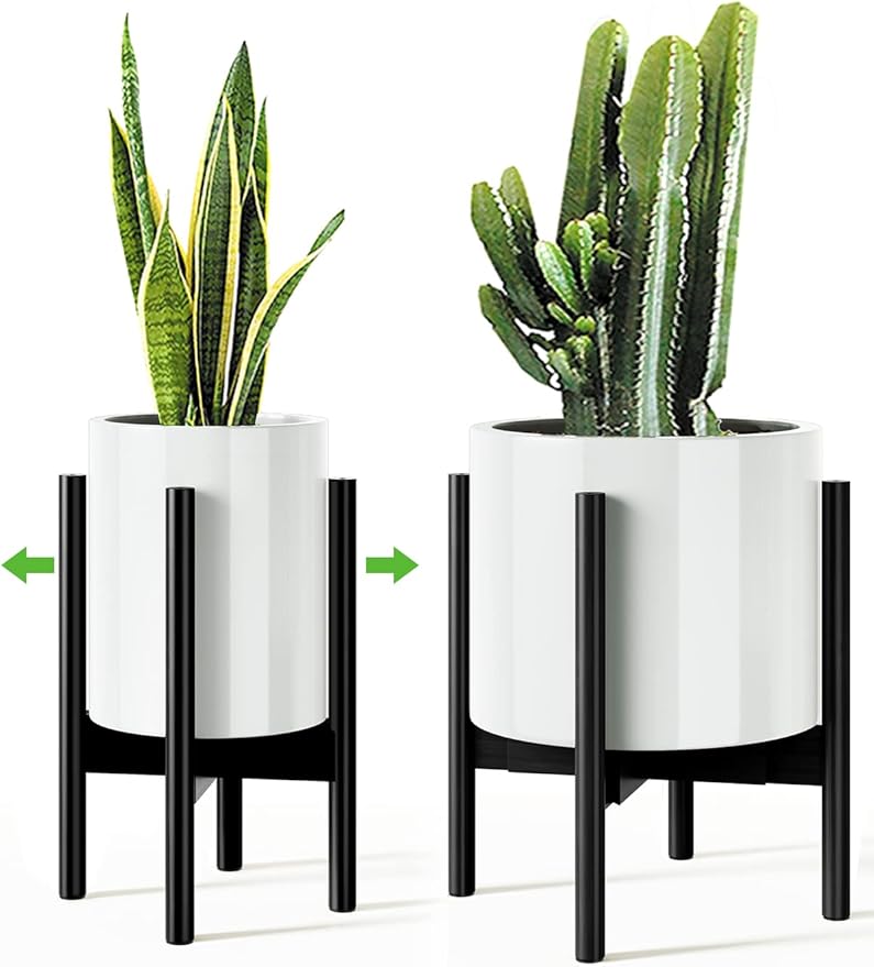 MUDEELA 14 Inch Tall Plant Stand for Indoor, Adjustable Width Bamboo Plant Stand for 8 9 10 11 12 Inches Pot, Single Tier Planter Holder Floor Stand, Mid Century Modern Style, Black, Without Pot