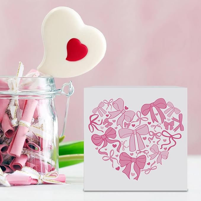 Valentines Day Decorations, Valentines Day Gifts for Her Him, Gift for Boyfriend Girlfriend, Romantic Pink Bow Heart Anniversary Wooden Box Sign Husband Wife Home Office Bedroom Desk Decor
