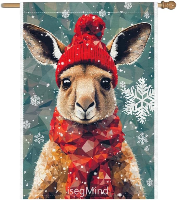 Kangaroo with Red Scarf and Hat Snowflake Christmas Garden Flag, 28x40 Inch Double Sided Linen Holiday Red Winter Farmhouse Yard Outdoor Decoration (4334)
