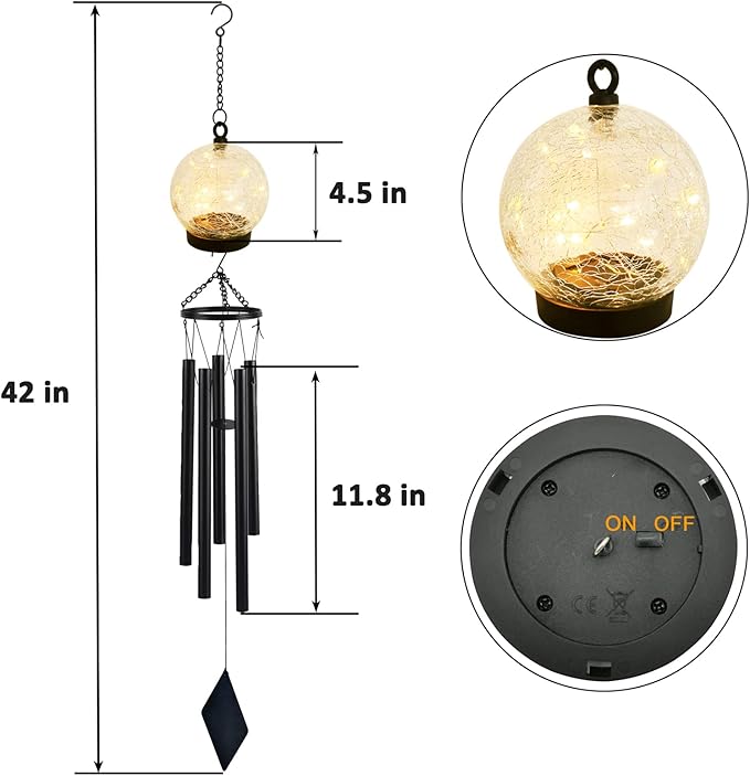 Wind Chimes Outdoor Solar Lights, 42 Inch Large Sympathy Chime 15 LED Twinkle Warm White Crackled Glass Sphere Ball Hanging Lantern Birthday Gifts for Decorative in Garden, Yard, Patio, Landscape