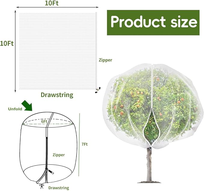 2Pcs 10X10ft Fruit Tree Covers for Birds and Squirrels –Bird Nets for Fruit Trees with Zipper and Drawstring, Extra Large Durable Mesh Garden Netting to Protect Fruit Trees– Reusable