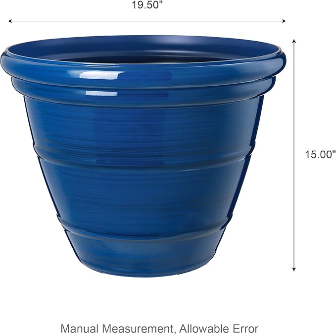 Glitzhome 19.5" D Large Flower Pots, Cobalt Blue Faux Ceramic Finish Plastic Tall Planters, Tall Planters for Outdoor Plants with Drainage Holes, Round Plant Pots for Front Porch Patio Deck, Set of 2