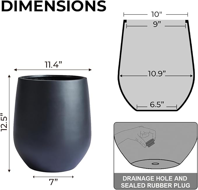 KUTE NEST 12.5"H x 11.4"D Corso Fiberstone Round Tapered Planter with Drainage Hole, Smooth Finishes, Weather Resistant for Indoor and Outdoor Use, Included 2 Extra Coco Mats (Black, 9" Pot Opening)