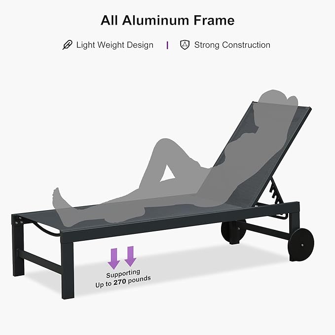 PURPLE LEAF Patio Lounge Chair Set for 2 Outdoor Chaise Lounge with Adjustable Backrests and Wheels Aluminum Reclining Pool Chair for Outside Yard Poolside Table Included, Dark Grey