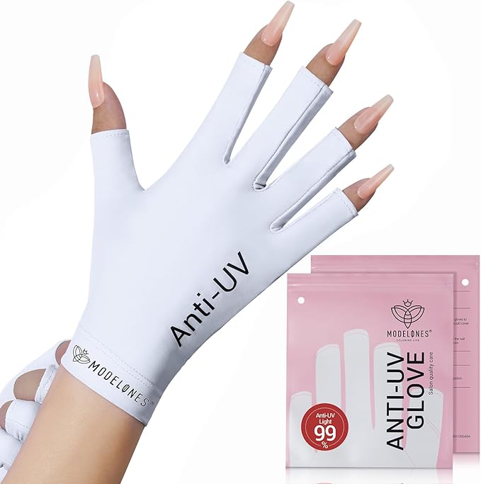Modelones Premium UPF99+ UV Protection Fingerless Gloves for Gel Manicures, UV/LED Gel Nail Lamp, Nail Art Skin Care, Hand Protection (White)