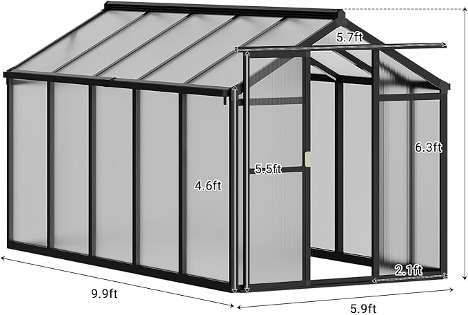 6X10 FT Greenhouse for Outdoors, Walk-in Greenhouse Kit with Aluminum Frame, Polycarbonate Panels, Adjustable Roof Vent, Sliding Door, Secure Lock for Outside Garden, Patio, Backyard