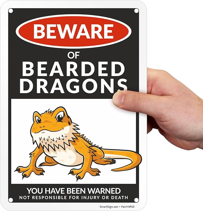 SmartSign Funny Beware Of Bearded Dragons Warning Sign - 10"x7", 40 mil Laminated Rust-free Aluminum - Metal Signs for Wall Decor, Outdoor, Patio, Gifts, Cafe - Dragon Theme, Made in USA
