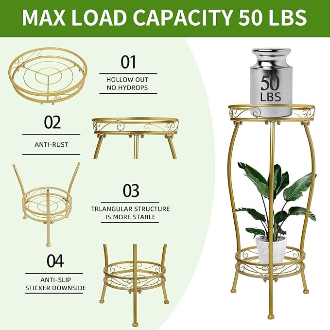 LOYAL TIGER Plant Stand Indoor Outdoor 2 Tier 27'' Tall Metal Potted Rack Flower Pot Stand Heavy Duty Rustproof Iron Multiple Plant Supports for Garden Balcony Patio (Golden)