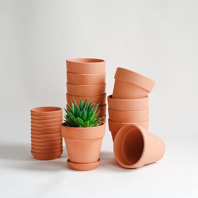 HERDUK Terracotta Starter Pots with Saucers – 4 Inch Clay Planting System for Healthy Roots, Reliable Drainage & Indoor Growing, Ideal for Succulents, Seedlings & Small Spaces