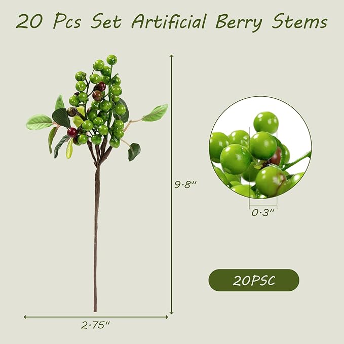 SHACOS Artificial Green Berry Stems 20 PCS Pack Fake Berries Branches Spray with Green Leaves 9.8 inch Small Berry Picks for Christmas Decorations Crafts Holiday Home Decor, Green