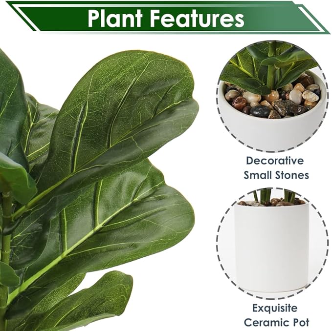 Briful Small Fake Fiddle Leaf Fig Plant - 13" Artificial Ficus Lyrata in White Ceramic Pot for Home Decor Indoor Table Office Bathroom Shelf