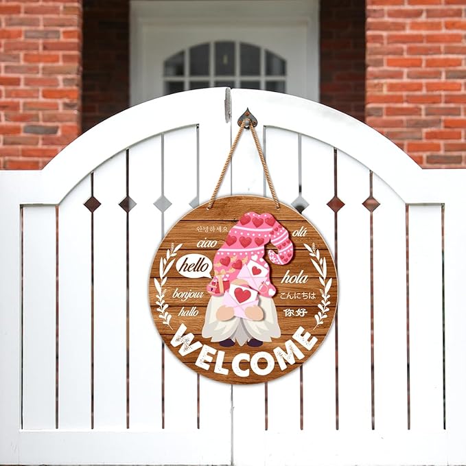 Interchangeable Gnome Welcome Sign Valentine's Day Door Decor, Changeable Gnomes Front Porch Decorations Wall Hanging Wood Wreath Hangers for Spring Summer Fall Winter All Seasons Holiday, Rufous