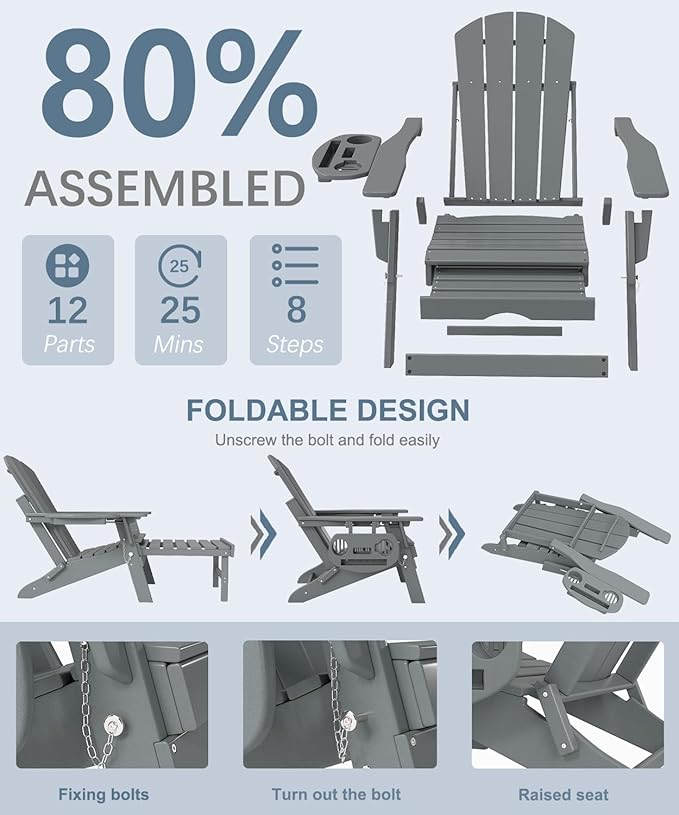Adjustable Adirondack Chair with Retractable Ottoman Set of 6, HDPE Folding Adirondack Chair with Cup Holder, All Weather Fire Pit Chair for Outdoor.
