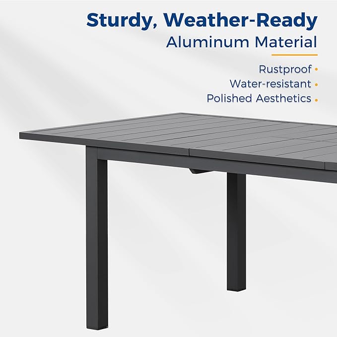 Wisteria Lane Aluminum Outdoor Dining Table, 68"-91.5" Adjustable Length Oversized Patio Table for 6-10 People, All-Weather Extendable Patio Dining Table with Adjustable Feet for Deck Balcony Garden