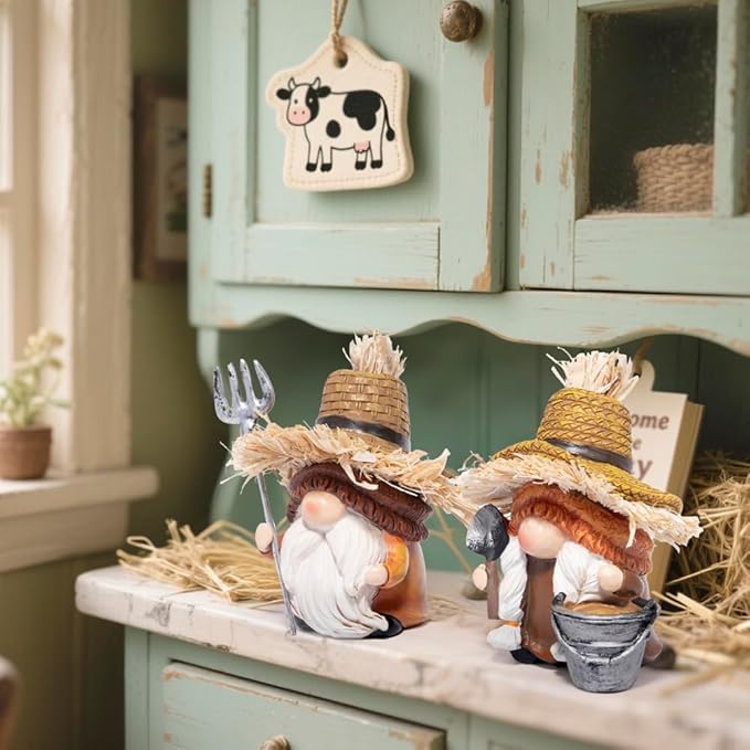 Hodao Farmer Gnomes Figurines — Rustic Resin with Straw Hats & Farm Tools, Hand-Painted Farmhouse Decor & Gift for Gardeners, Home, Porch(Orange)