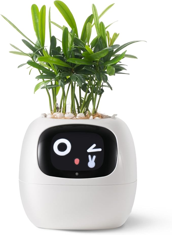 PLANTSIO Smart pet Planter Robot Guidance on Plant Care with Emojis, Adorable Plant Companion with Rich Gesture Interaction, Neat Desk Setup Gift (White)