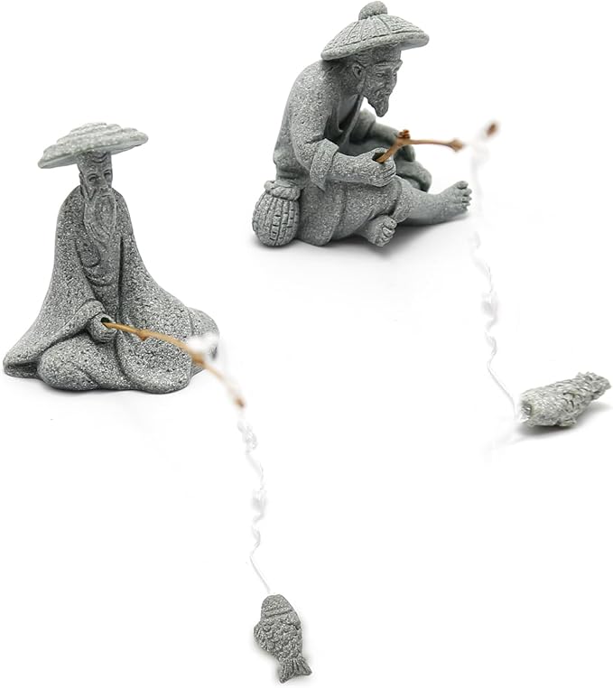 DUZFOREI 2PCS Mini Sitting Fishing Figurines Sandstone Vintage Ornament Japanese Decor for Fish Tank Pot Garden Home Aquarium Mini Fisherman Statue Asian Zen Decorations