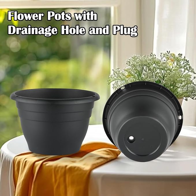 RooTrimmer Plant Pots Set of 5, 10" Outside Diameter Flower Pots, 8.5" Inner Diameter Planters with Drainage Hole, Durable Perfect for Indoor & Outdoor Plant Planting, Decor, Black