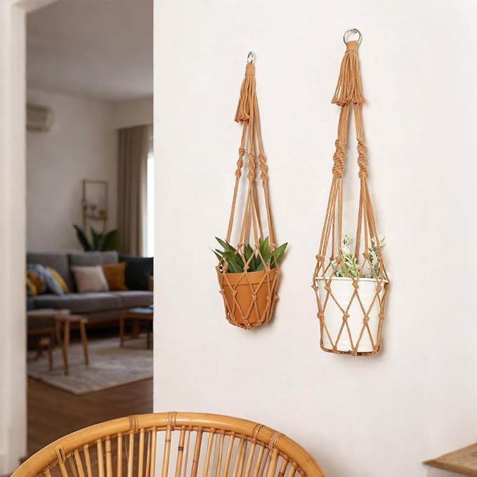 Artilady Macrame Hanging Planter for Indoor Plants, Boho Woven Plant Hanger Large Hanging Flower Pot Holders Outdoor Baskets Storage No Tassels Brown Wall Decor (Latte Brown)