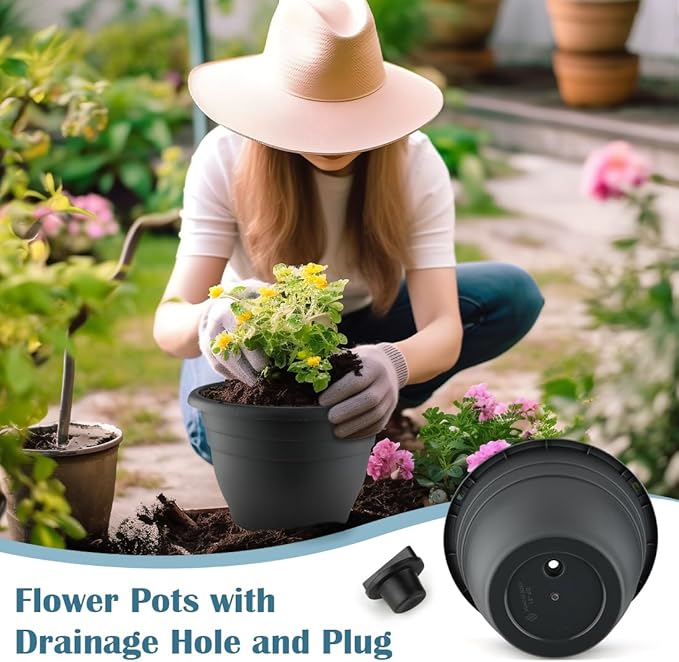 RooTrimmer 3 Pack 11 Inch Plant Pots with Drainage Hole and Plug, Durable Plastic Flower Pots for Indoor & Outdoor Plants, Elegant Mordern Plant Pots Perfect for Herbs, Flowers & Succulents, Gray