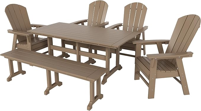 WestinTrends Malibu 6 Piece Adirondack Patio Dining Set with Bench, All Weather Poly Lumber Outdoor Table and Chairs, 71" Trestle Dining Table, 4 Adirondack Chair with Dining Bench, Weathered Wood