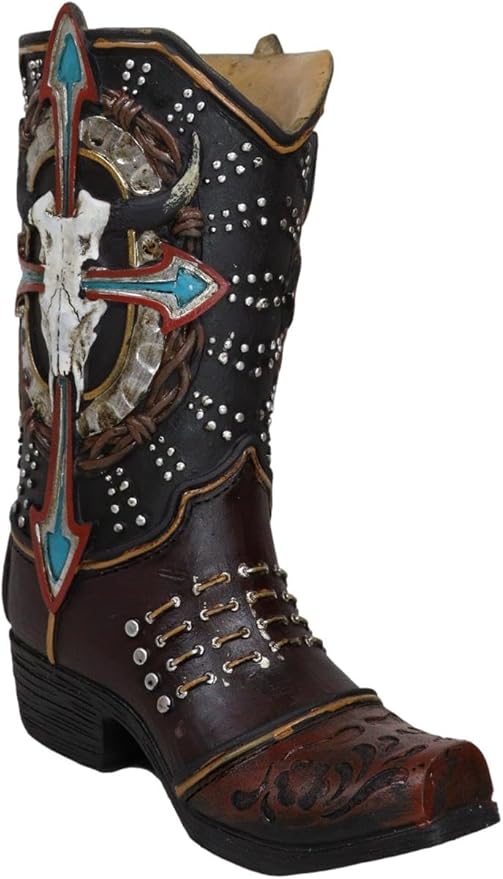 Ebros Gift Rustic Country Western Cow Skull Turquoise Cross and Barbed Wires Faux Tooled Leather Cowboy Boot Decorative Flower Vase Or Planter Figurine
