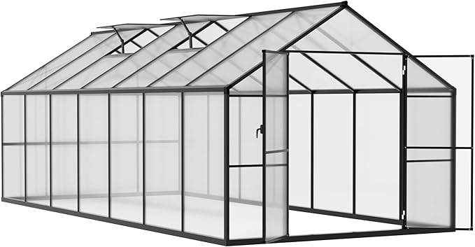 MUPATER 8 x 14 FT Heavy Duty Greenhouse, Polycarbonate Green House Kit with Aluminum Frame, Walk-in Greenhouse with Lockable Door and Ajustable Roof Vent for Backyard, Outdoors, Grey