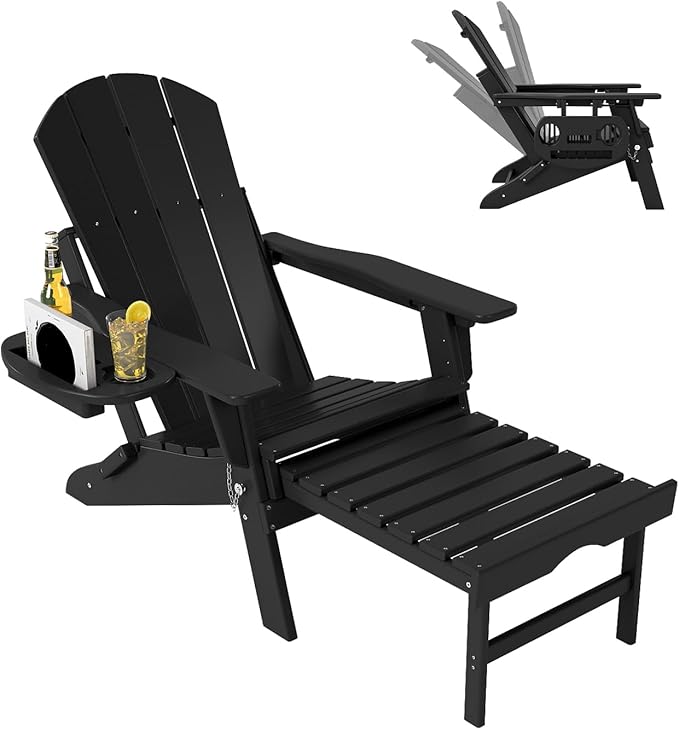 Adjustable Adirondack Chair with Retractable Ottoman, HDPE Folding Adirondack Chair with Cup Holder, All Weather Fire Pit Chair for Outdoor.