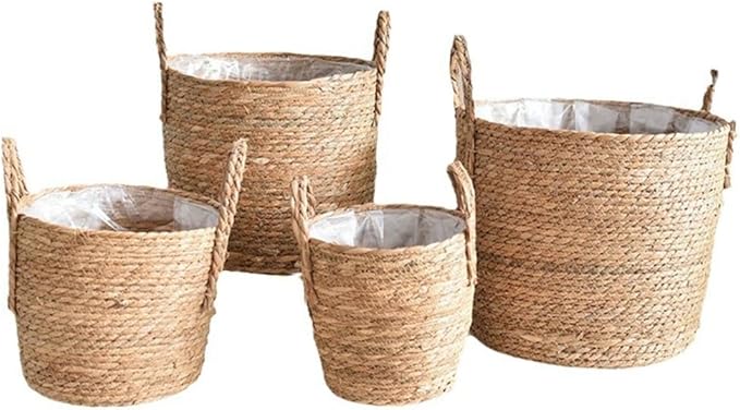 Rattan Planter Basket, Straw Weaving Woven Straw Flower Pot, Wicker Rattan Vase Sundries Organizers Storage Bins, Hand Woven Basket Planter with Plastics Liners and Handle for Indoor Outdoor (Medium)