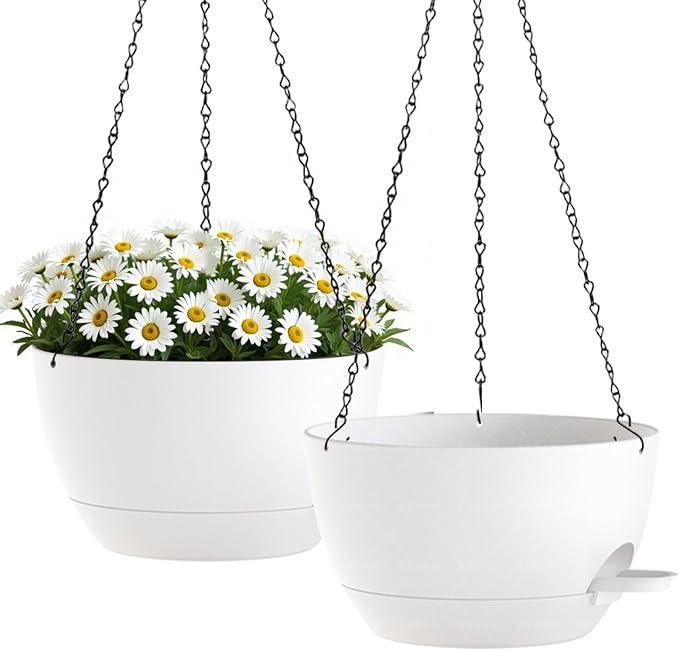 zople 10 Inch Hanging Planters with Chains 2 Pack Self Watering White Plastic Hanging Pots for Indoor Outdoor Plants, Garden Porch Home Decor (White)