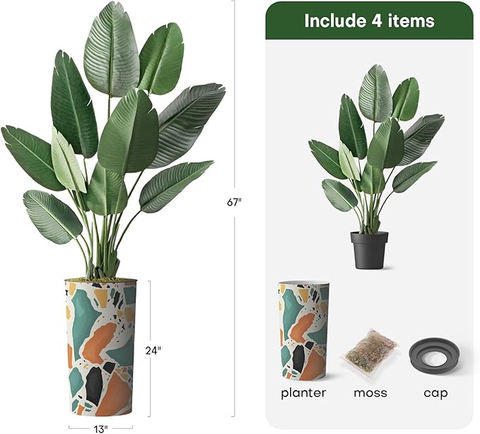 Artificial Tree in Modern Geometric Pattern Planter, Fake Bird of Paradise Silk Tree for Indoor and Outdoor Home Decoration - 67" Overall Tall (Plant Pot Plus Tree)