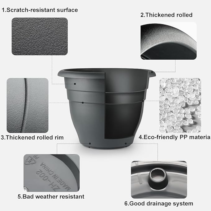 RooTrimmer 3 Pack Large 16 Inch Plastic Plant Pots for Outdoor Plants,Durable & Lightweight Flower Pots with Drainage Holes,Weather-Resistant Large Planters for Patio Garden(Gray)