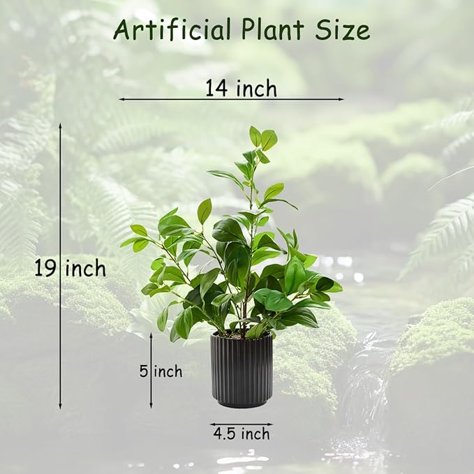 EZBOHO 16 inch Artificial Plants Indoor Realistic Touching Evergreen Leaf Fake Plant with Creamic Black Pot for Home Office Living Room Bathroom Office Table Bookshelf Decor