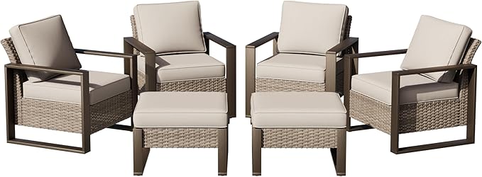 Joyside Outdoor Patio Chairs, 6 Pieces Wicker Rattan Furniture Set, 4 Patio Chairs and 2 Ottoman, Metal Wide Armrest, Thick Cushions and Deep Seating for Garden, Backyard, Porch, Deck