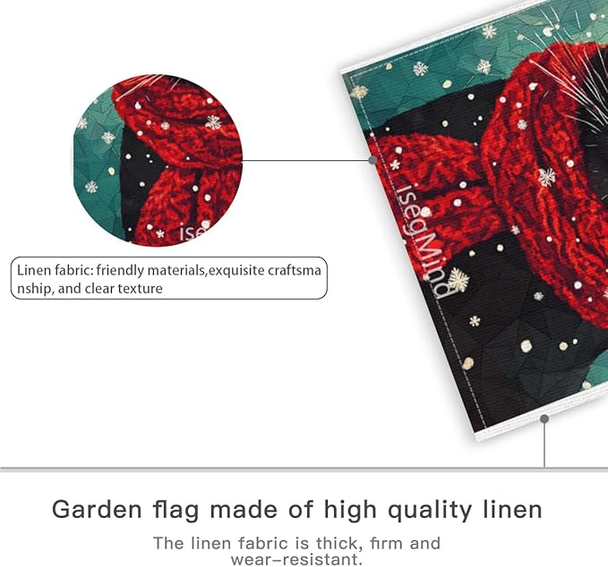 Black Cat with Red Scarf and Hat Snowflake Christmas Garden Flag, 28x40 Inch Double Sided Linen Holiday Red Winter Farmhouse Yard Outdoor Decoration (4331)