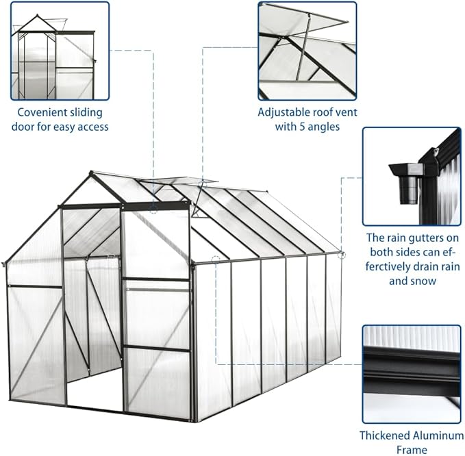 6x12 FT Polycarbonate Greenhouse Raised Base and Anchor Aluminum Heavy Duty Walk-in Greenhouses for Outdoor Backyard in All Season Black