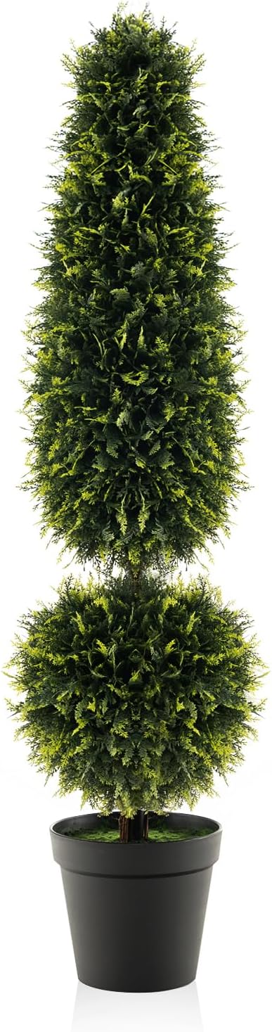 Goplus 4FT Artificial Cedar Topiary Trees for Outdoors, Faux Potted Plants Cypress Trees with Natural Vines, Cement Pot, Fake Evergreen Artificial Topiary for Indoor Home Front Porch Decor