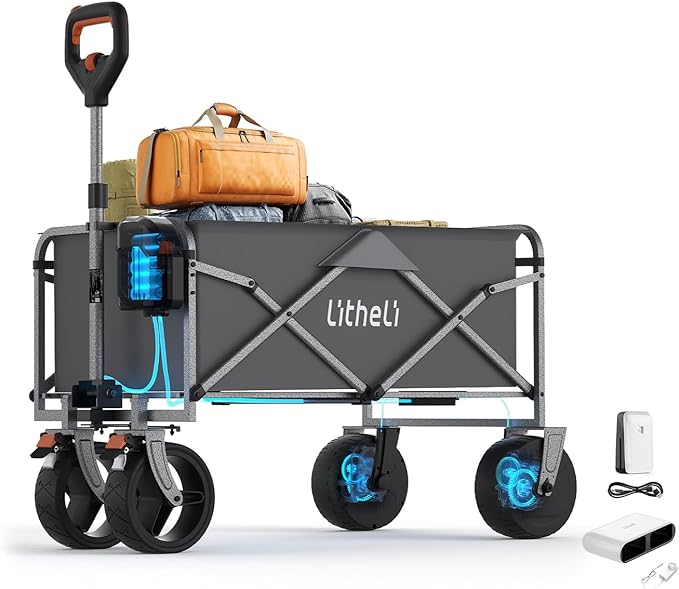 Litheli Electric Collapsible Wagon Cart with Brakes,100L Grocery Cart with Wheels,Easy to Carry Folding Wagon and Fast Charger for Camping, Gardening, Shopping