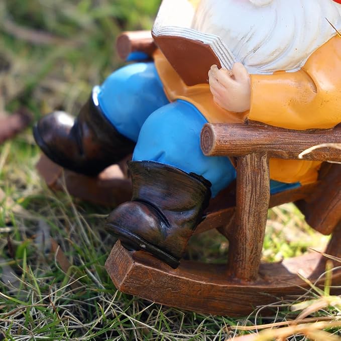 Garden Gnome Reading in Rocking Chair, Resin Decorative Statue, 7.2x6.2x4.3 inches