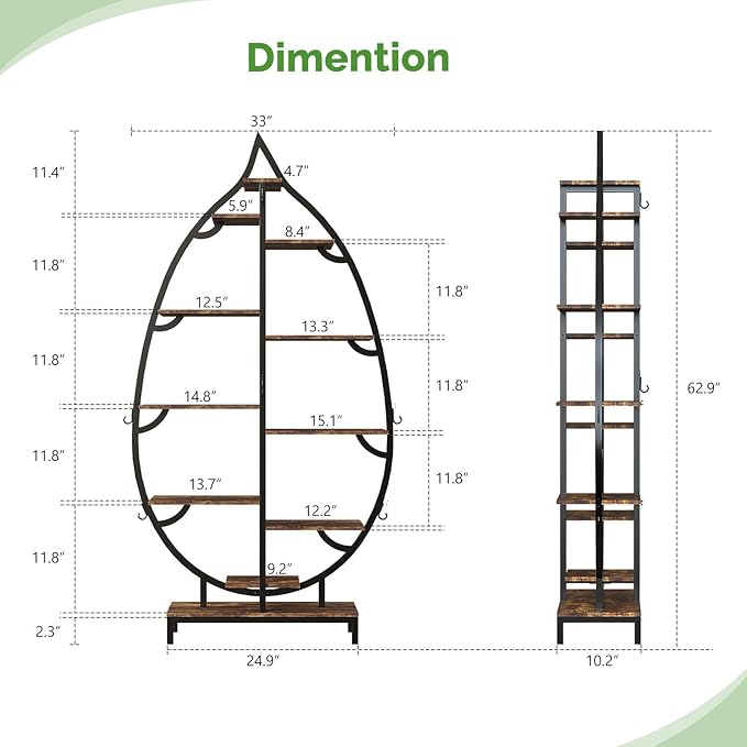 VINGLI 63″ Leaf-Shaped 10-Tier Metal Plant Stand with 5 Full-Spectrum LED Grow Lights, Tall Indoor Tiered Plant Shelf for Multiple Plants, Decorative & Functional Rack, Black