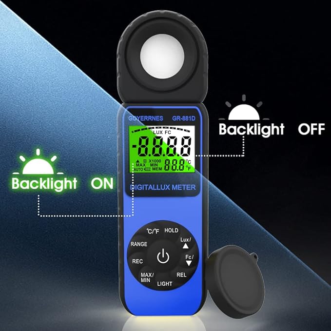 GOYERRNES Illuminance Light Meter, Digital Lux Foot Candles Meter 0.1~400,000 Lux (0.1~40,000 FC) with 270º Rotatable Detector, Lumen Meter Luxmeter for Indoor Outdoor 881D