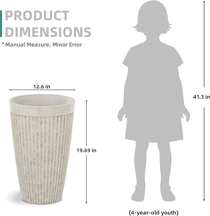 Ultym 20" Resin Tall Planters for Outdoor Plants,Set of 2 Vintage Ivory Large Flower Pots with Handmade Fluted Texture,Heavy-Duty and Weather-Resistant for Porch Christmas Decor,Garden, Patio